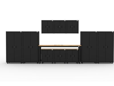 Garage storage cabinets with 2 shelving units, 3 wall cabinets, 1 base cabinet, 2 drawer-base cabinets and 96 inch workbench