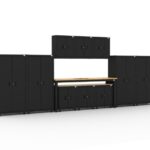Garage storage cabinets with 2 shelving units, 3 wall cabinets, 1 base cabinet, 2 drawer-base cabinets and 96 inch workbench