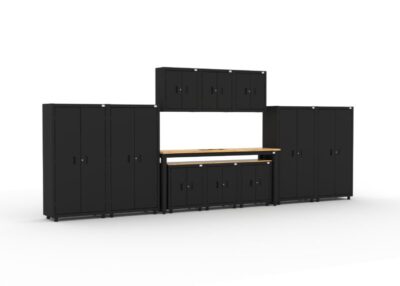 CAT RTASETS right Garage storage cabinets with 2 shelving units, 3 wall cabinets, 1 base cabinet, 2 drawer-base cabinets and 96 inch workbench