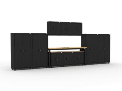 Garage storage cabinets with 2 shelving units, 3 wall cabinets, 1 base cabinet, 2 drawer-base cabinets and 96 inch workbench