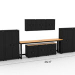 Garage storage cabinets with 4 lockers, 3 wall cabinets, 1 base cabinet, 2 drawer-base cabinets and 96 inch workbench