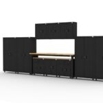 Garage storage cabinets with 4 lockers, 3 wall cabinets, 1 base cabinet, 2 drawer-base cabinets and 96 inch workbench