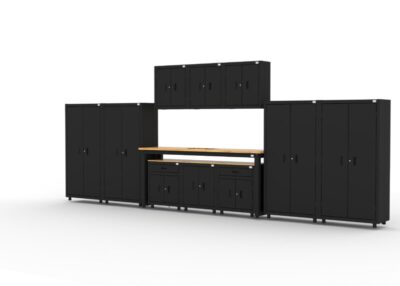 CAT RTASETT left Garage storage cabinets with 4 lockers, 3 wall cabinets, 1 base cabinet, 2 drawer-base cabinets and 96 inch workbench