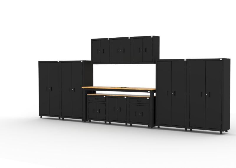 Unités de rangement de garage avec 4 casiers, 3 armoires murales, 1 armoire de base, 2 armoires basses à tiroirs et établi de 96 pouces