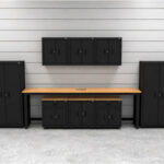 Garage storage cabinets with 4 lockers, 3 wall cabinets, 1 base cabinet, 2 drawer-base cabinets and 96 inch workbench
