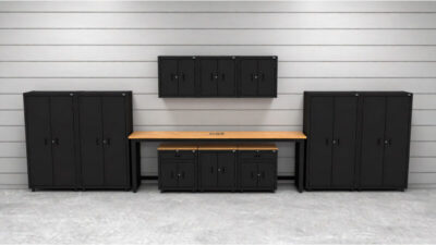 CAT RTASETT lifestyle Garage storage cabinets with 4 lockers, 3 wall cabinets, 1 base cabinet, 2 drawer-base cabinets and 96 inch workbench