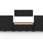 Garage storage cabinets with 4 lockers, 3 wall cabinets, 1 base cabinet, 2 drawer-base cabinets and 96 inch workbench