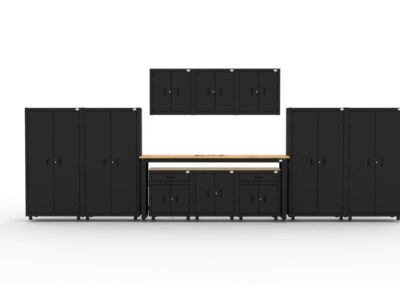 Garage storage cabinets with 4 lockers, 3 wall cabinets, 1 base cabinet, 2 drawer-base cabinets and 96 inch workbench