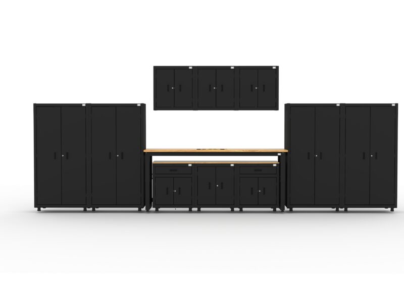 Unités de rangement de garage avec 4 casiers, 3 armoires murales, 1 armoire de base, 2 armoires basses à tiroirs et établi de 96 pouces