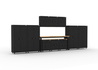 CAT RTASETT right Garage storage cabinets with 4 lockers, 3 wall cabinets, 1 base cabinet, 2 drawer-base cabinets and 96 inch workbench
