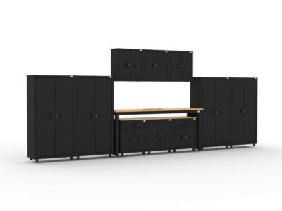 Garage storage cabinets with 4 lockers, 3 wall cabinets, 1 base cabinet, 2 drawer-base cabinets and 96 inch workbench