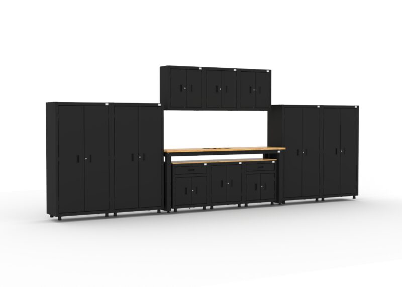 Unités de rangement de garage avec 4 casiers, 3 armoires murales, 1 armoire de base, 2 armoires basses à tiroirs et établi de 96 pouces