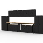 Garage storage cabinets with 4 lockers, 3 wall cabinets, 1 base cabinet, 2 drawer-base cabinets and 96 inch workbench