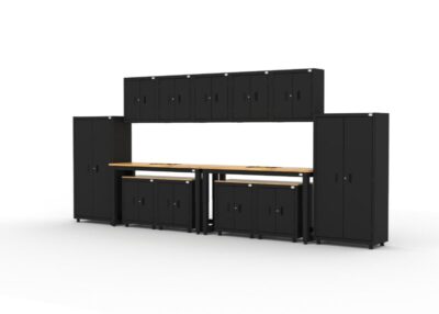 Garage storage cabinets with 4 lockers, 3 wall cabinets, 1 base cabinet, 2 drawer-base cabinets and 96 inch workbench