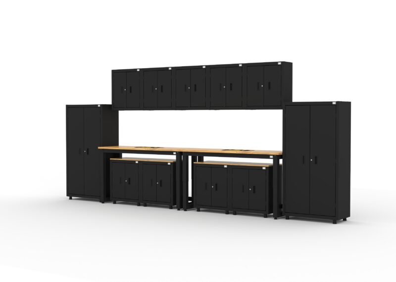 Garage storage cabinets with 4 lockers, 3 wall cabinets, 1 base cabinet, 2 drawer-base cabinets and 96 inch workbench