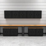 Garage storage cabinets with 4 lockers, 3 wall cabinets, 1 base cabinet, 2 drawer-base cabinets and 96 inch workbench