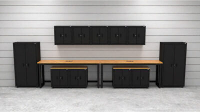 Garage storage cabinets with 4 lockers, 3 wall cabinets, 1 base cabinet, 2 drawer-base cabinets and 96 inch workbench