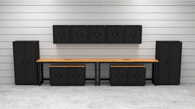 Garage storage cabinets with 4 lockers, 3 wall cabinets, 1 base cabinet, 2 drawer-base cabinets and 96 inch workbench