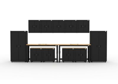 Garage storage cabinets with 4 lockers, 3 wall cabinets, 1 base cabinet, 2 drawer-base cabinets and 96 inch workbench