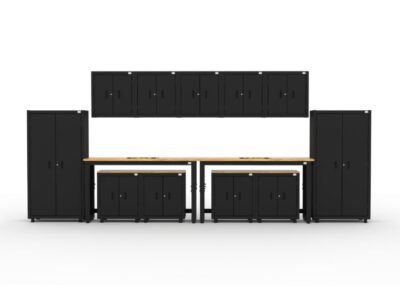 Garage storage cabinets with 4 lockers, 3 wall cabinets, 1 base cabinet, 2 drawer-base cabinets and 96 inch workbench
