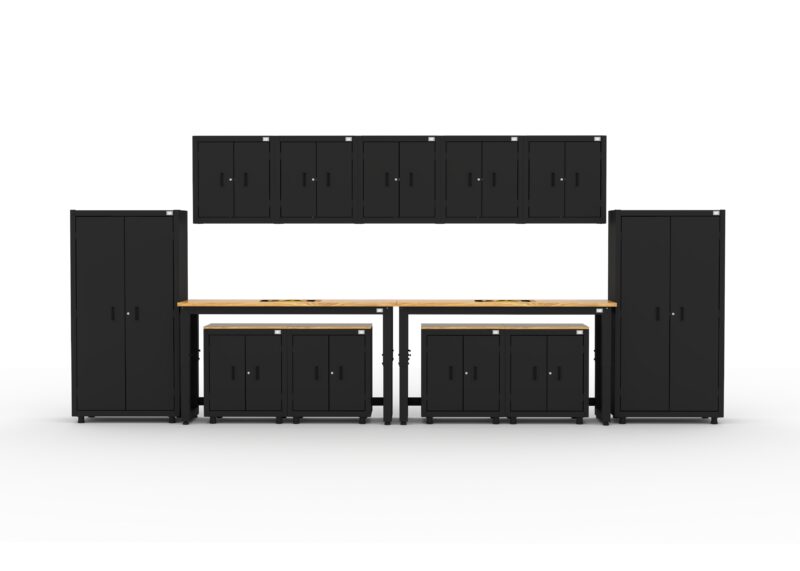 Garage storage cabinets with 4 lockers, 3 wall cabinets, 1 base cabinet, 2 drawer-base cabinets and 96 inch workbench