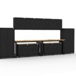 Garage storage cabinets with 4 lockers, 3 wall cabinets, 1 base cabinet, 2 drawer-base cabinets and 96 inch workbench