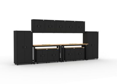 Garage storage cabinets with 4 lockers, 3 wall cabinets, 1 base cabinet, 2 drawer-base cabinets and 96 inch workbench