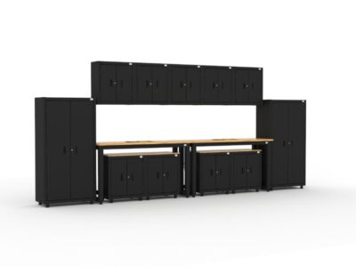 Garage storage cabinets with 4 lockers, 3 wall cabinets, 1 base cabinet, 2 drawer-base cabinets and 96 inch workbench