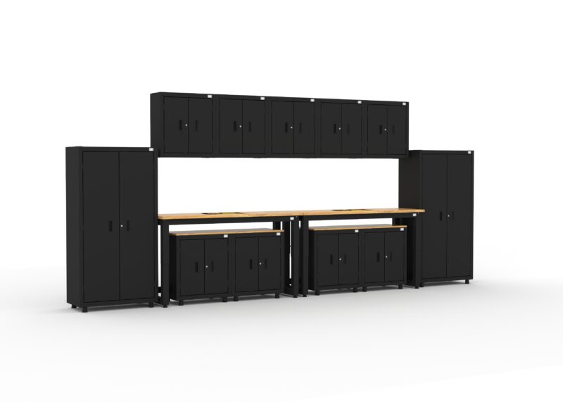 Garage storage cabinets with 4 lockers, 3 wall cabinets, 1 base cabinet, 2 drawer-base cabinets and 96 inch workbench