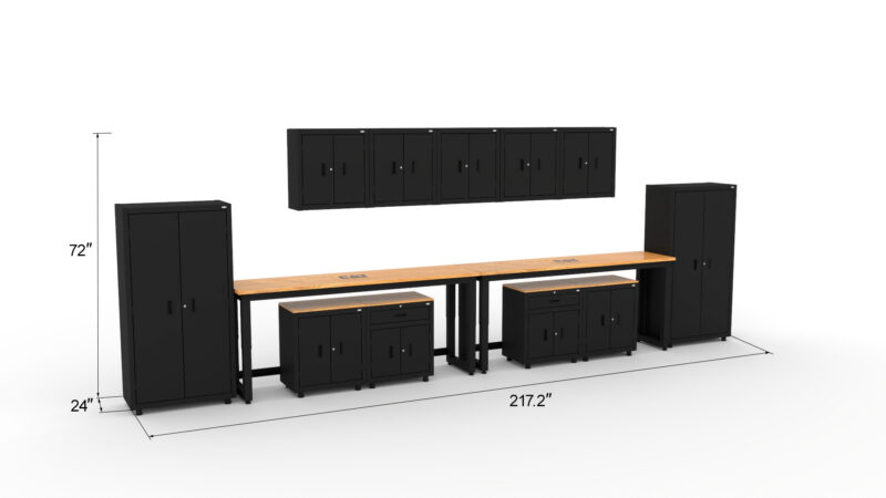 CAT RTASETV dims Garage storage cabinets with 2 lockers, 5 wall cabinets, 2 base cabinets, 2 drawer-base cabinets and dual 72 inch workbenches
