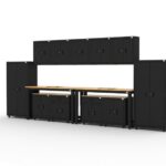 Armoires de rangement pour garage avec 2 casiers, 5 armoires murales, 2 armoires de base, 2 armoires à tiroirs et deux établis de 72 pouces