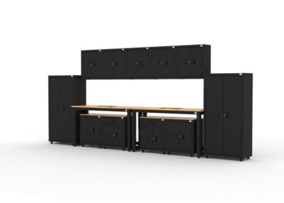Armoires de rangement pour garage avec 2 casiers, 5 armoires murales, 2 armoires de base, 2 armoires à tiroirs et deux établis de 72 pouces