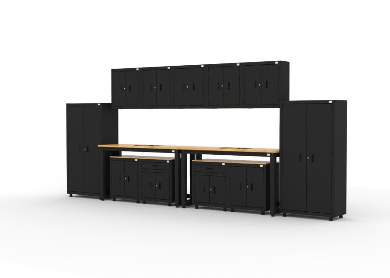 CAT RTASETV left Garage storage cabinets with 2 lockers, 5 wall cabinets, 2 base cabinets, 2 drawer-base cabinets and dual 72 inch workbenches