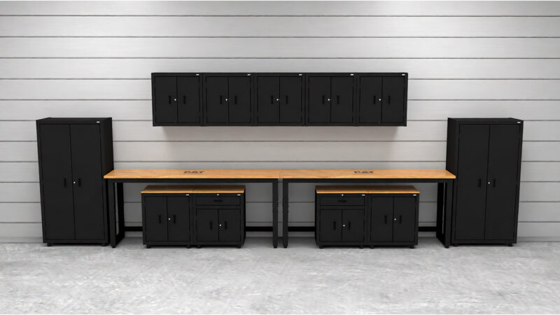 CAT RTASETV lifestyle Garage storage cabinets with 2 lockers, 5 wall cabinets, 2 base cabinets, 2 drawer-base cabinets and dual 72 inch workbenches