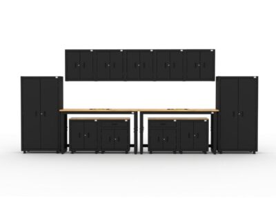 Garage storage cabinets with 2 lockers, 5 wall cabinets, 2 base cabinets, 2 drawer-base cabinets and dual 72 inch workbenches