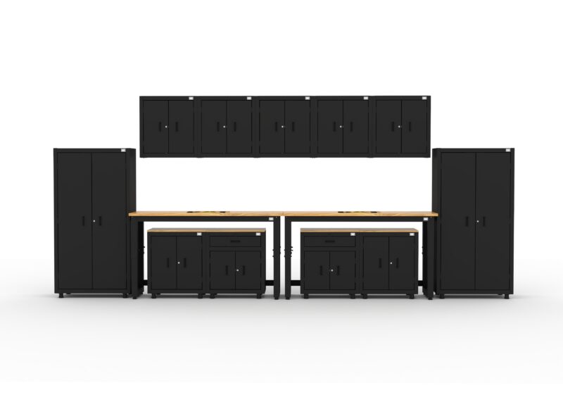 CAT RTASETV main Garage storage cabinets with 2 lockers, 5 wall cabinets, 2 base cabinets, 2 drawer-base cabinets and dual 72 inch workbenches