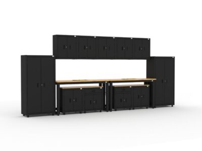 Garage storage cabinets with 2 lockers, 5 wall cabinets, 2 base cabinets, 2 drawer-base cabinets and dual 72 inch workbenches