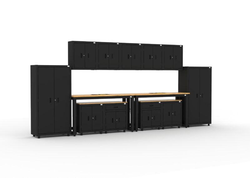 CAT RTASETV right Garage storage cabinets with 2 lockers, 5 wall cabinets, 2 base cabinets, 2 drawer-base cabinets and dual 72 inch workbenches