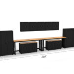 Garage storage cabinets with 2 lockers, 5 wall cabinets, 2 base cabinets, 2 drawer-base cabinets and dual 72 inch workbenches