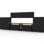 Garage storage cabinets with 2 lockers, 5 wall cabinets, 2 base cabinets, 2 drawer-base cabinets and dual 72 inch workbenches
