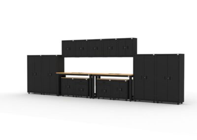 Garage storage cabinets with 2 lockers, 5 wall cabinets, 2 base cabinets, 2 drawer-base cabinets and dual 72 inch workbenches