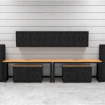 Garage storage cabinets with 2 lockers, 5 wall cabinets, 2 base cabinets, 2 drawer-base cabinets and dual 72 inch workbenches