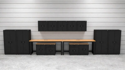 Garage storage cabinets with 2 lockers, 5 wall cabinets, 2 base cabinets, 2 drawer-base cabinets and dual 72 inch workbenches