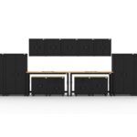 Garage storage cabinets with 2 lockers, 5 wall cabinets, 2 base cabinets, 2 drawer-base cabinets and dual 72 inch workbenches