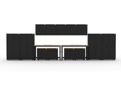 Garage storage cabinets with 2 lockers, 5 wall cabinets, 2 base cabinets, 2 drawer-base cabinets and dual 72 inch workbenches