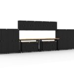 Garage storage cabinets with 2 lockers, 5 wall cabinets, 2 base cabinets, 2 drawer-base cabinets and dual 72 inch workbenches