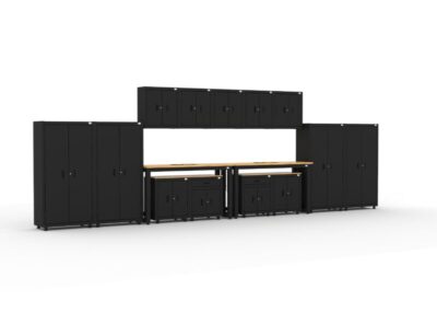 Garage storage cabinets with 2 lockers, 5 wall cabinets, 2 base cabinets, 2 drawer-base cabinets and dual 72 inch workbenches