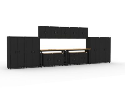 Garage storage cabinets with 2 lockers, 5 wall cabinets, 2 base cabinets, 2 drawer-base cabinets and dual 72 inch workbenches