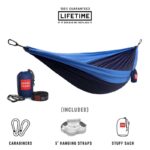 Getting away is good for the soul. Whether you’re hiking on the other side of the world or taking a break in your backyard, our packable two-person parachute nylon hammock is ready to help you take a load off while you plot your next adventure. With the included carabiners and five foot hammock straps, this affordable all-in-one hammock kit is ready to hang. No need to purchase extra straps or rope.