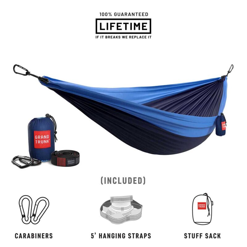 DLXH 02 02 Getting away is good for the soul. Whether you’re hiking on the other side of the world or taking a break in your backyard, our packable two-person parachute nylon hammock is ready to help you take a load off while you plot your next adventure. With the included carabiners and five foot hammock straps, this affordable all-in-one hammock kit is ready to hang. No need to purchase extra straps or rope.
